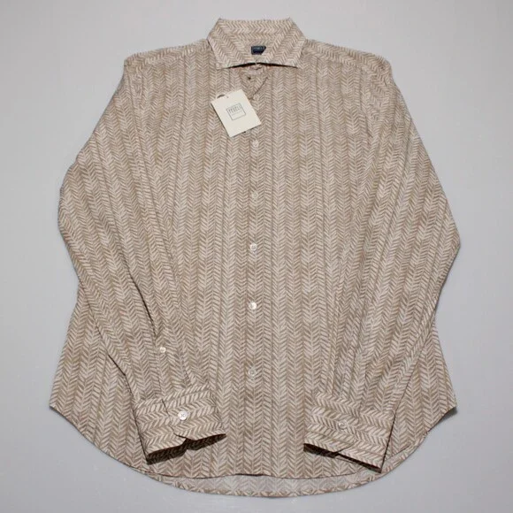 Fedeli NWT Dress Shirt Size 40 15.75 in Beige & White Floral Cotton Blend